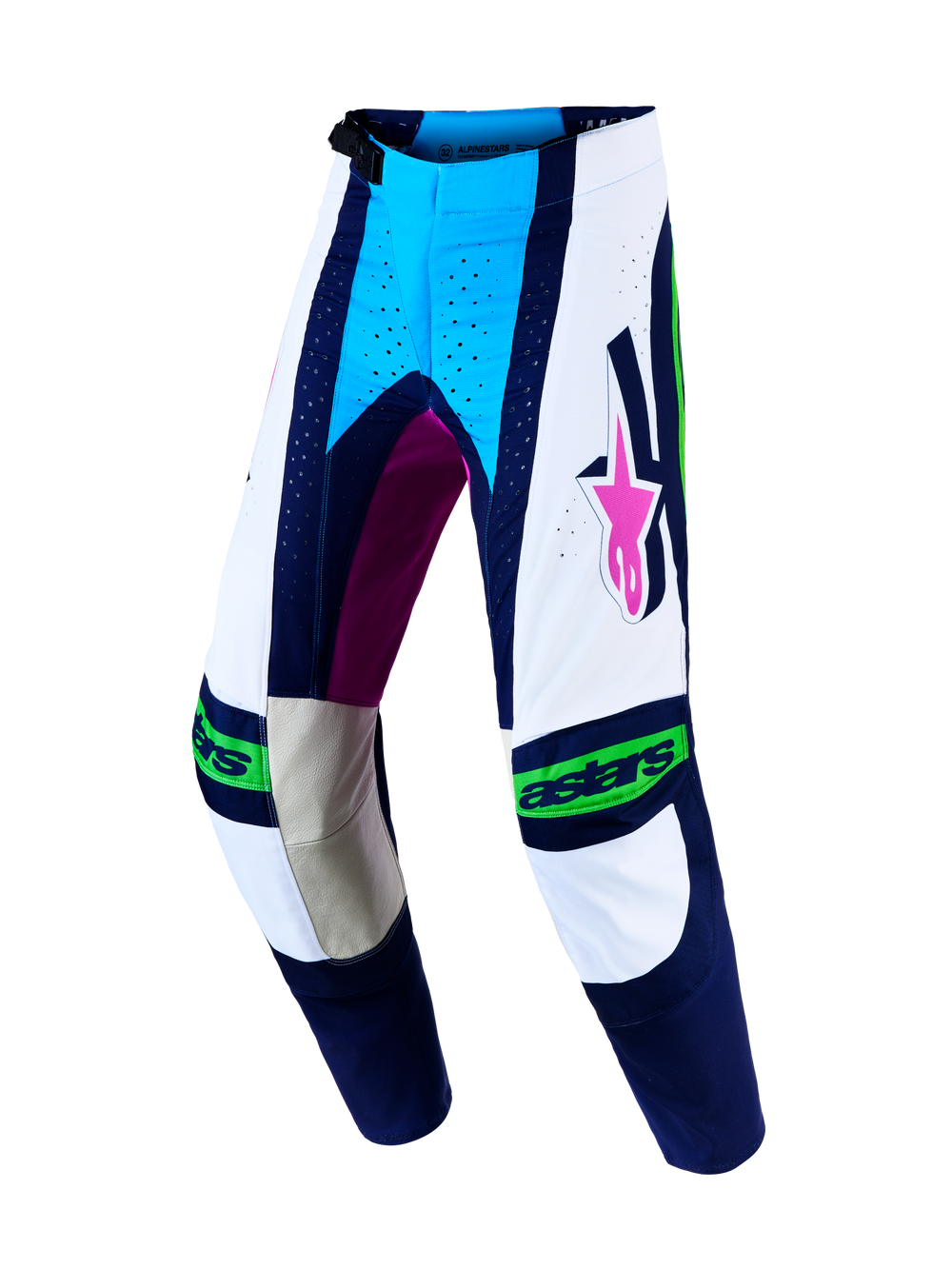 Alpinestars Techstar Maven Men's Motocross Pants, White and Blithe Blue with protective leather knee panels.