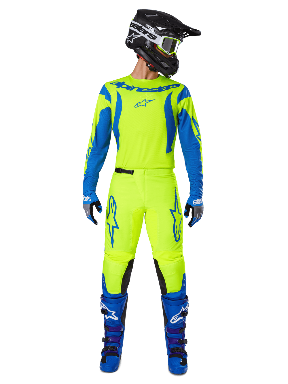 Alpinestars 2025 Fluid Haul Pants, Motocross Pants, Fluorescent Yellow and Blue, worn as a complete racing kit with matching jersey, blue boots, and black helmet, featuring bold blue branding on the thighs and black knee panels