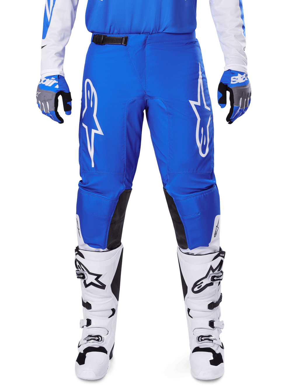 2025 Fluid Haul Pants, Motocross Pants, Blue and White, Performance Off-road Gear with Bold White Logos on Thighs, Aerodynamic Design for High-Performance Riding