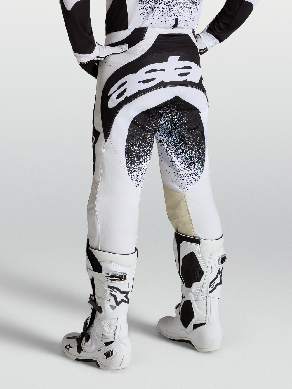 Alpinestars Techstar Swan Pants, professional motocross racing pants in black and white with Astar branding.