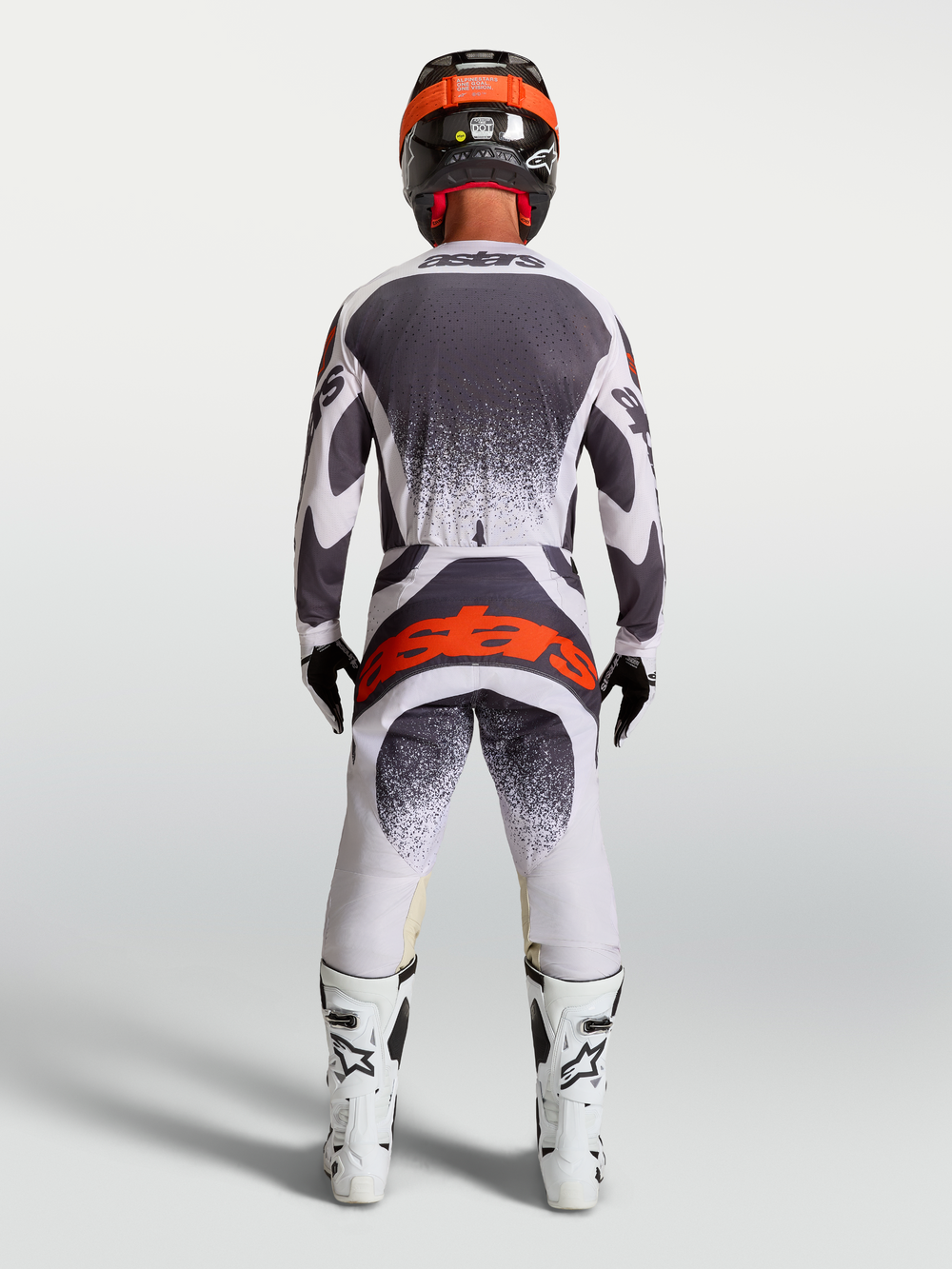 Alpinestars Techstar Swan Pants, Motocross Racing gear for Men, Light Lilac and Dark Gray with Red Fluo, back view.