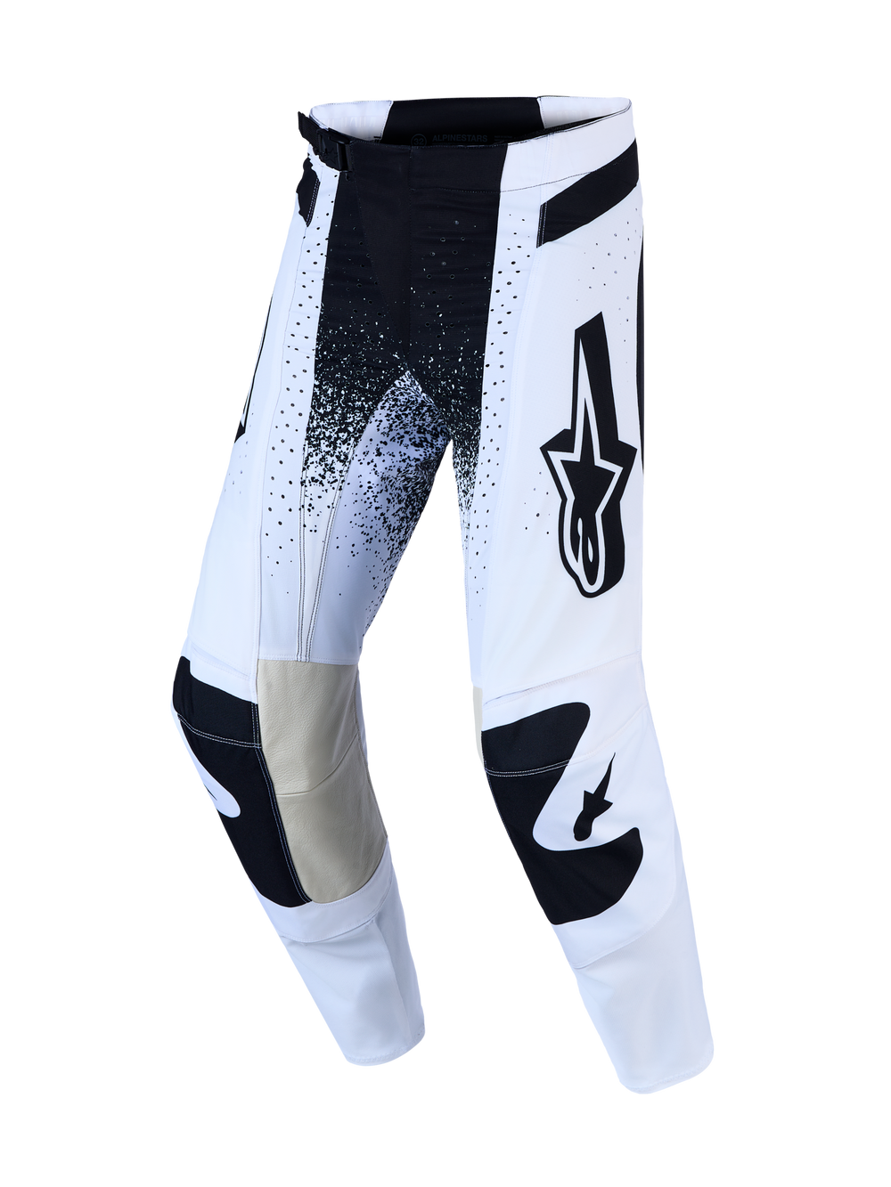 Alpinestars 2027 Techstar Swan Pants and Gear Set, white and black MX pants with stretch ripstop and leather knees.