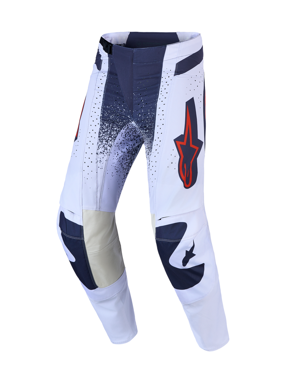 Alpinestars Techstar Swan Motocross Pants, light lilac and dark gray with red fluo accents and leather inner knees.