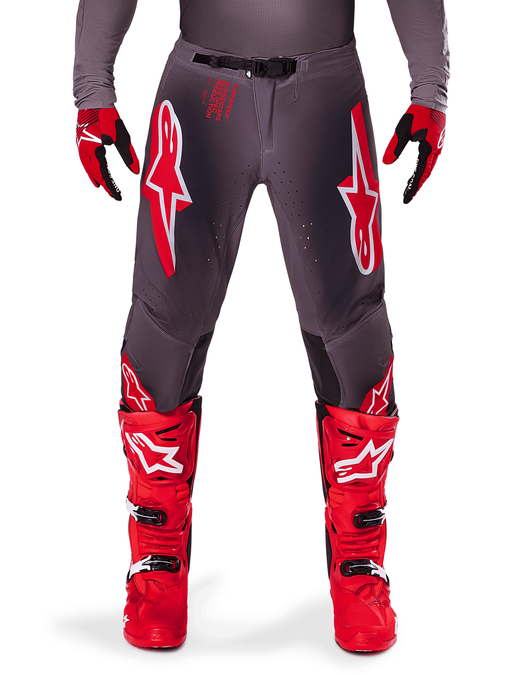 Alpinestars 2025 Supertech Lipan Pants, Motocross Pants, Smoke Bright Red, gray chassis with prominent red and white logos, styled with red racing boots and gloves, featuring perforated ventilation, high-performance off-road gear