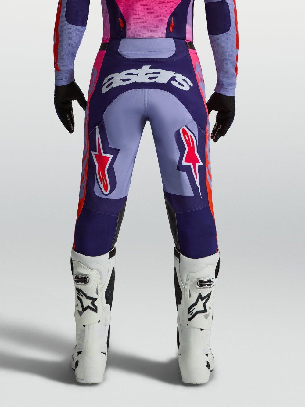 Alpinestars Racer Air Hunt Pants, Motocross Gear, Men, Purple and Pink Fluo, ventilated mesh panels, rear view on-model.
