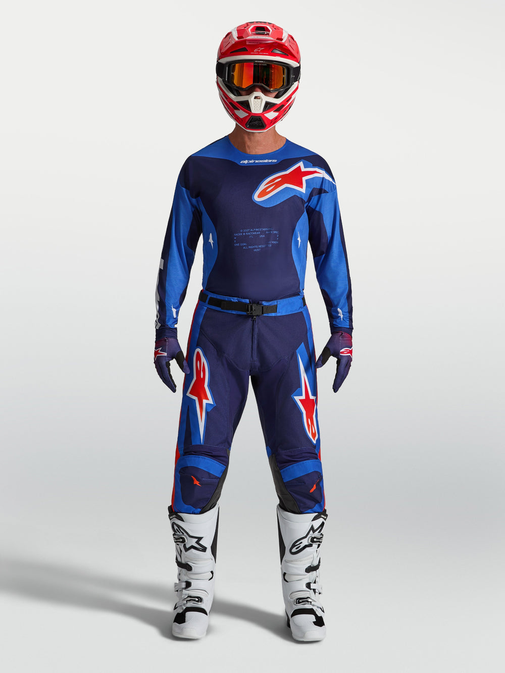 Alpinestars Racer Hunt Pants, Men's Motocross Gear, Strong Blue and Fire Red, durable polyfabric construction.