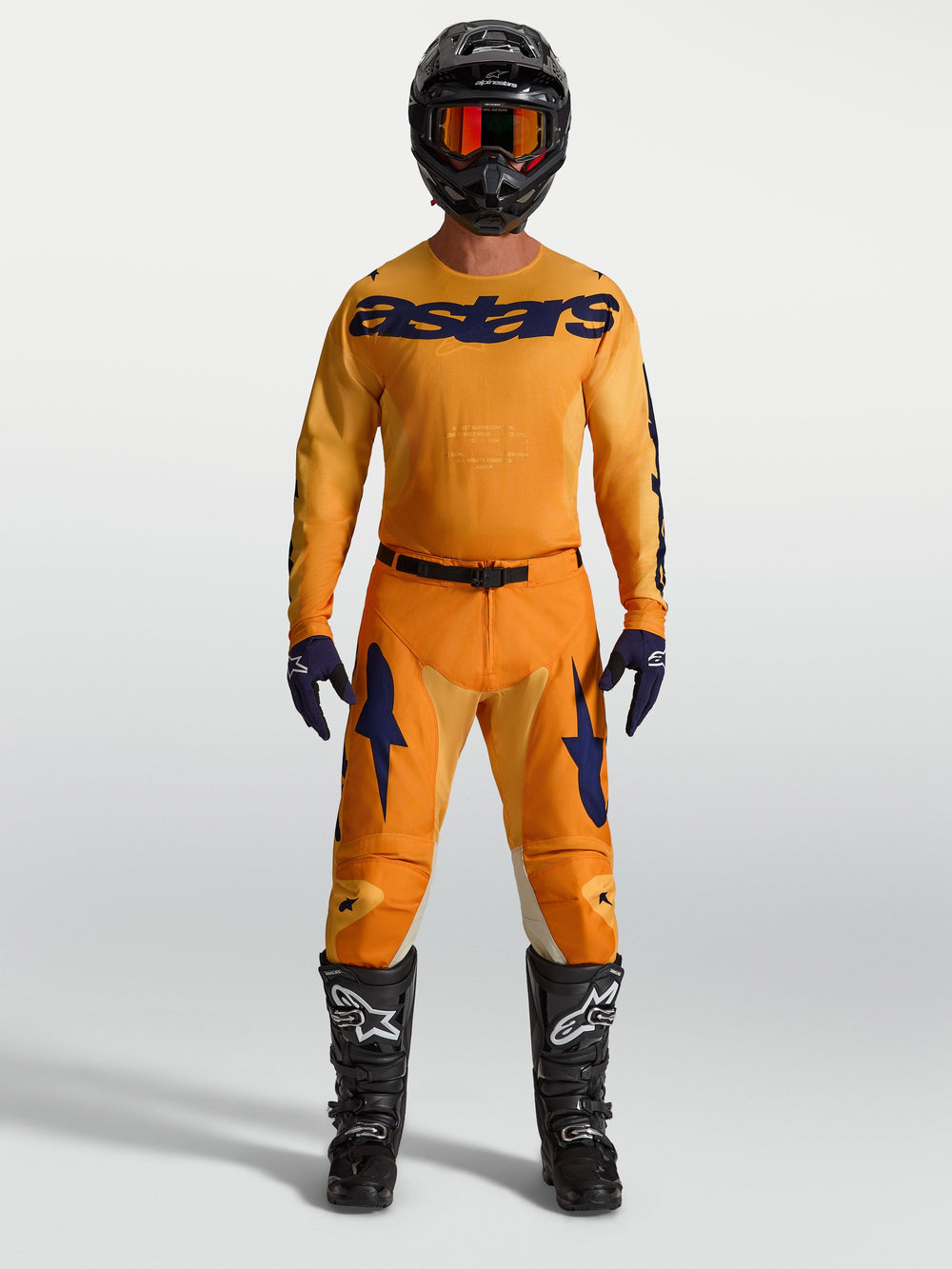 Alpinestars 2027 Racer Amber Gear Set AND Pants, orange and deep blue motocross racing kit with jersey and boots.