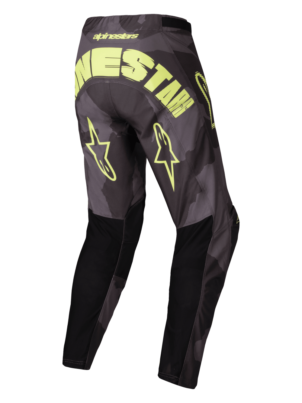 Alpinestars 2025 Racer Hollow Pants, motocross off-road pants, Dark Camo and Yellow Fluo, lightweight technical material with pre-curved construction, rear view showing large branding and star logos