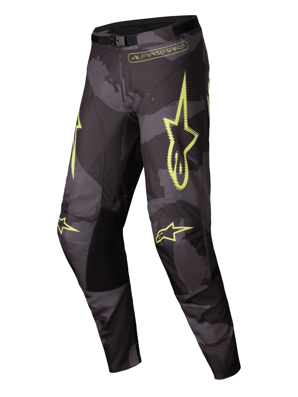 Alpinestars 2025 Racer Hollow Pants, motocross riding pants for men, Dark Camo and Yellow Fluo, lightweight moisture-wicking off-road gear with ergonomic pre-curved construction