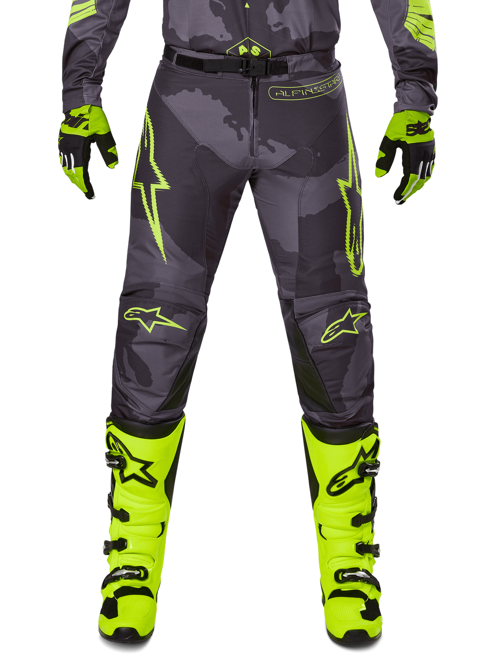 2025 Racer Hollow Pants, Motocross Pants, Gray with Neon Yellow, featuring star logos and text, paired with black and yellow gloves and yellow boots with black buckles, sporty protective design for off-road racing