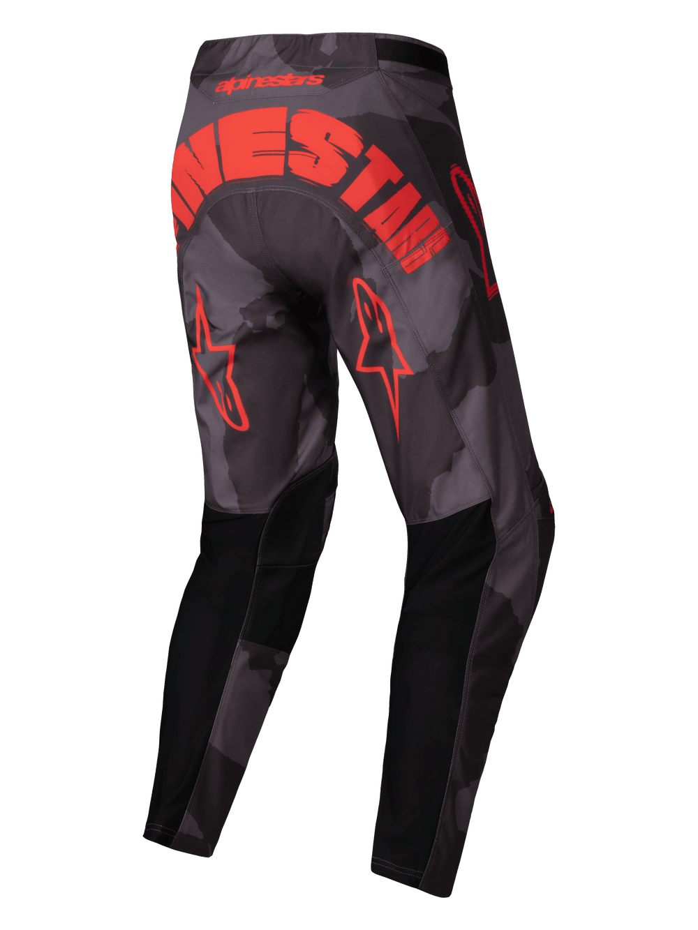 Alpinestars 2025 Racer Hollow Pants, Motocross Pants, Gray Camo and Orange Fluo, rear view showing bold orange Alpinestars branding across the seat, star logos on the thighs, and black reinforced panels for off-road racing