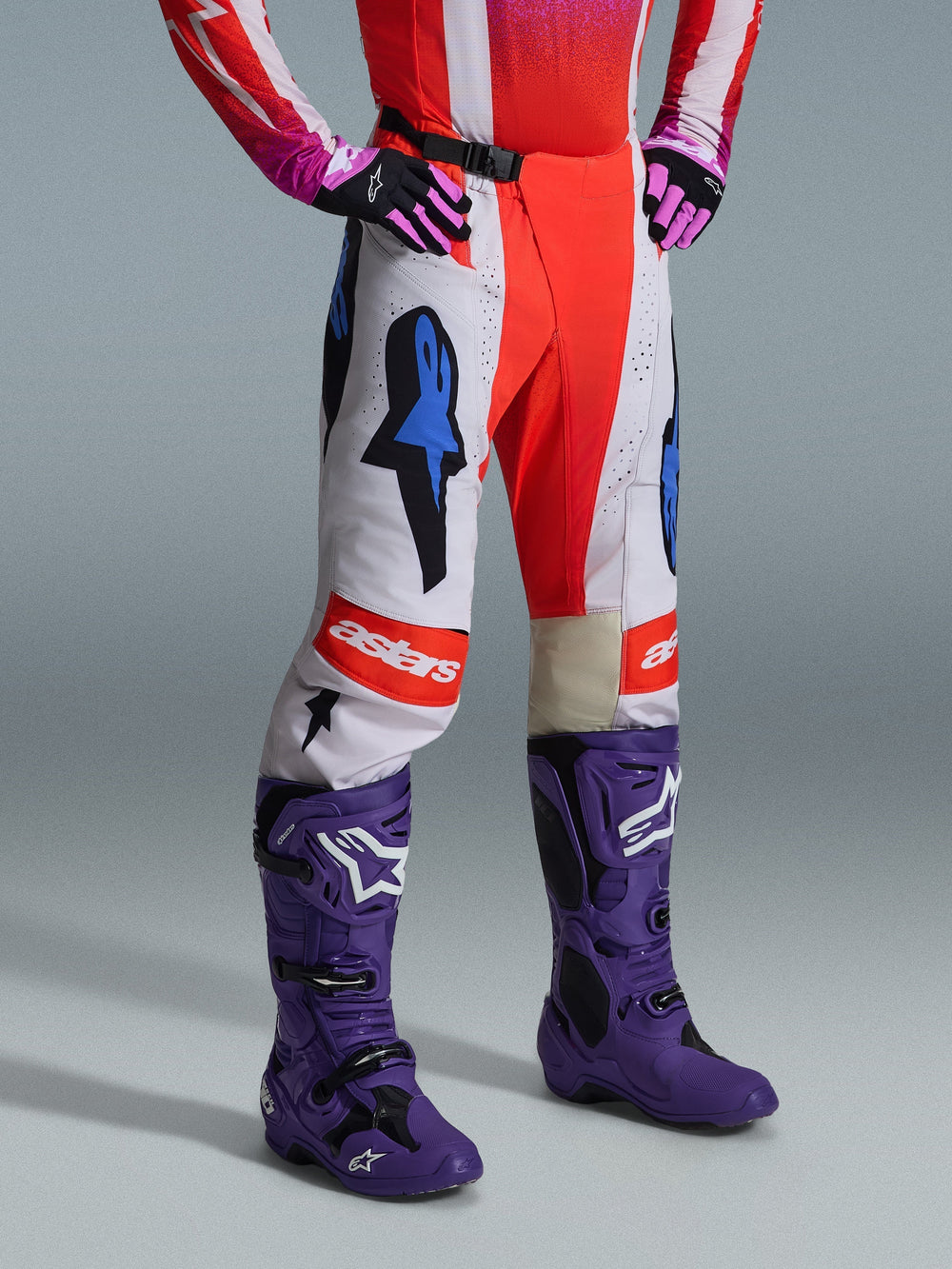 Alpinestars 2026 Techstar Knif Pants, Motocross Pants, White and Bright Red with Blue graphic accents, featuring an 