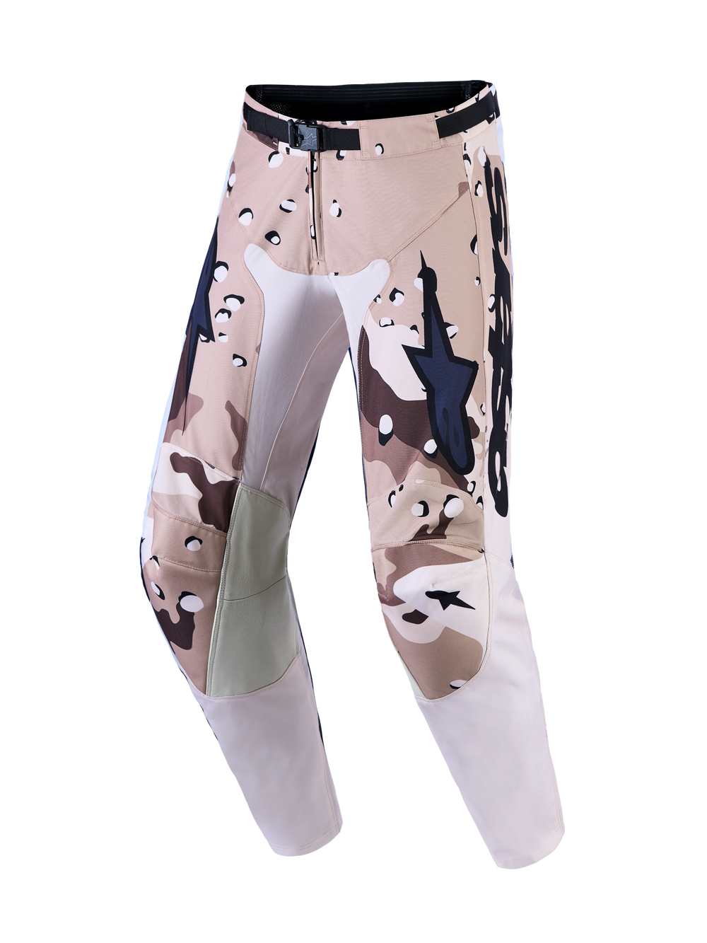 Alpinestars Men's Racer Lone Motocross Pants in Desert Camo and Black with magnetic waist closure and leather knees.