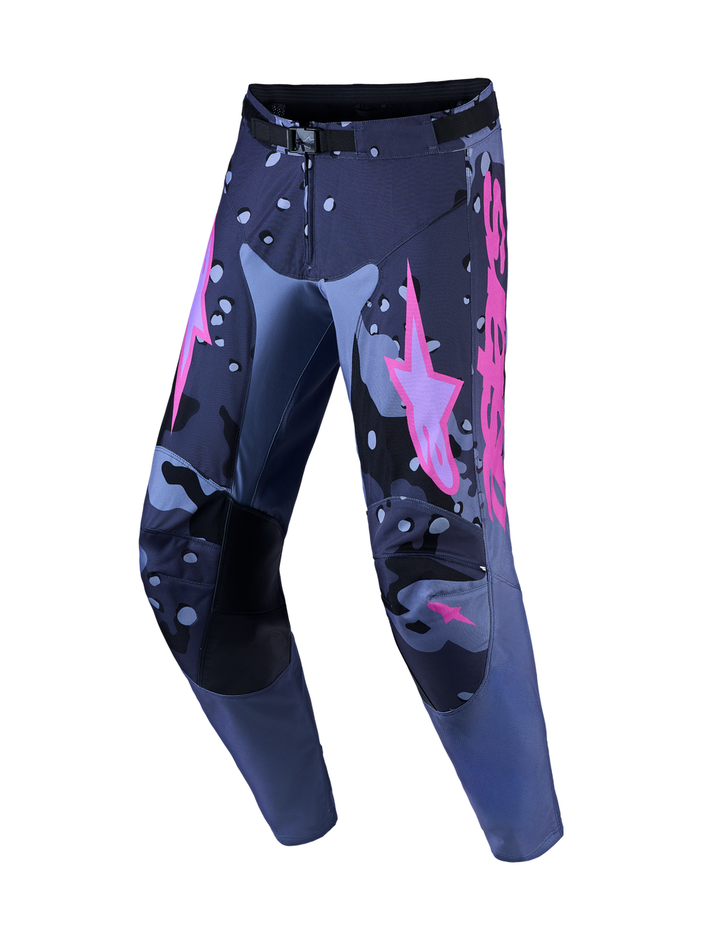 Alpinestars Racer Lone Motocross Pants in gray camo and purple, featuring durable polyfabric and pre-curved legs.