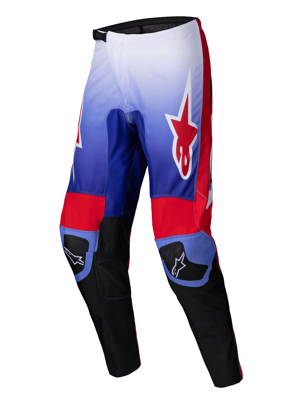 Alpinestars 2025 Fluid Wurx Pants, motocross riding pants in Purple and Bright Red, featuring 600D polyfabric construction and stretch corduroy panels for off-road performance