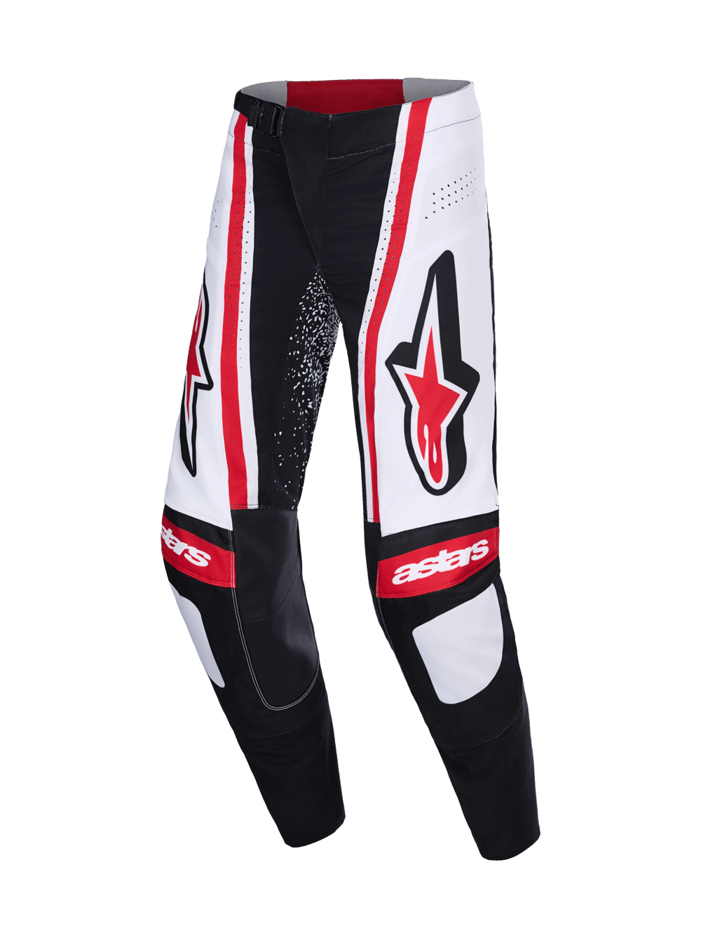 Alpinestars 2026 Techstar Nomur Pants, Motocross Pants, Black White and Red, featuring large red Astars logos on the thighs, white panels with vertical red stripes, and 