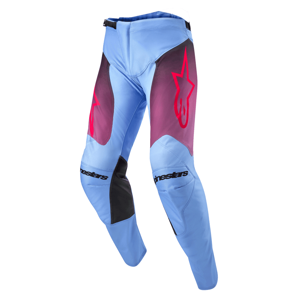 Alpinestars 2024 Racer Hoen Pants, Motocross Pants, Lavan Purple and Black, light blue lavender chassis with purple fade thigh panels and pink star logo, black inner knee panels, pre-curved ergonomic design for off-road performance