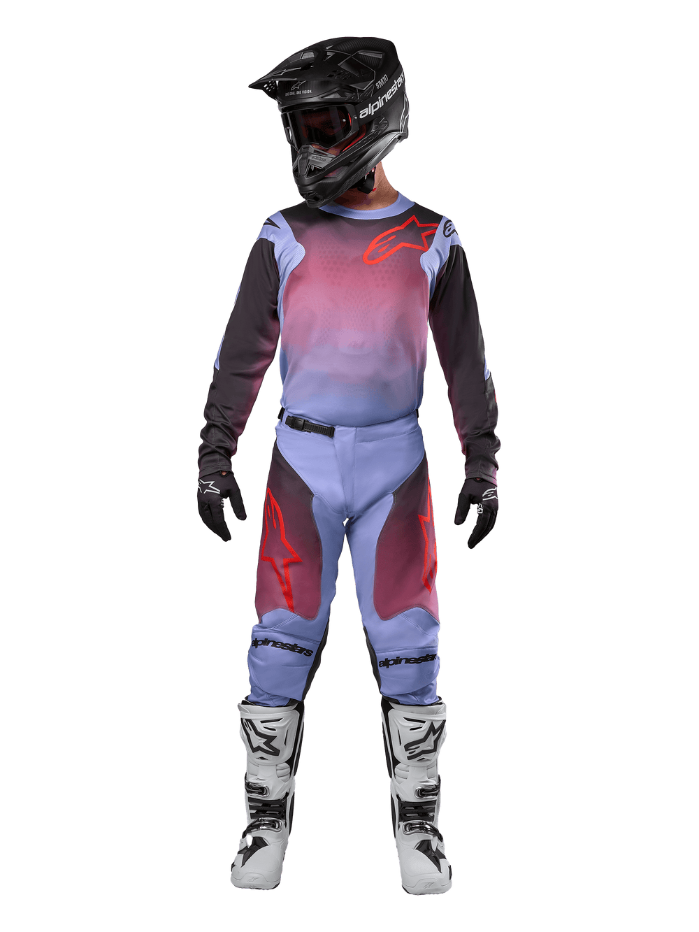 Alpinestars 2024 Racer Hoen Jersey and Pants, Men's Motocross Gear, Lavan Purple and Black, complete off-road racing outfit.