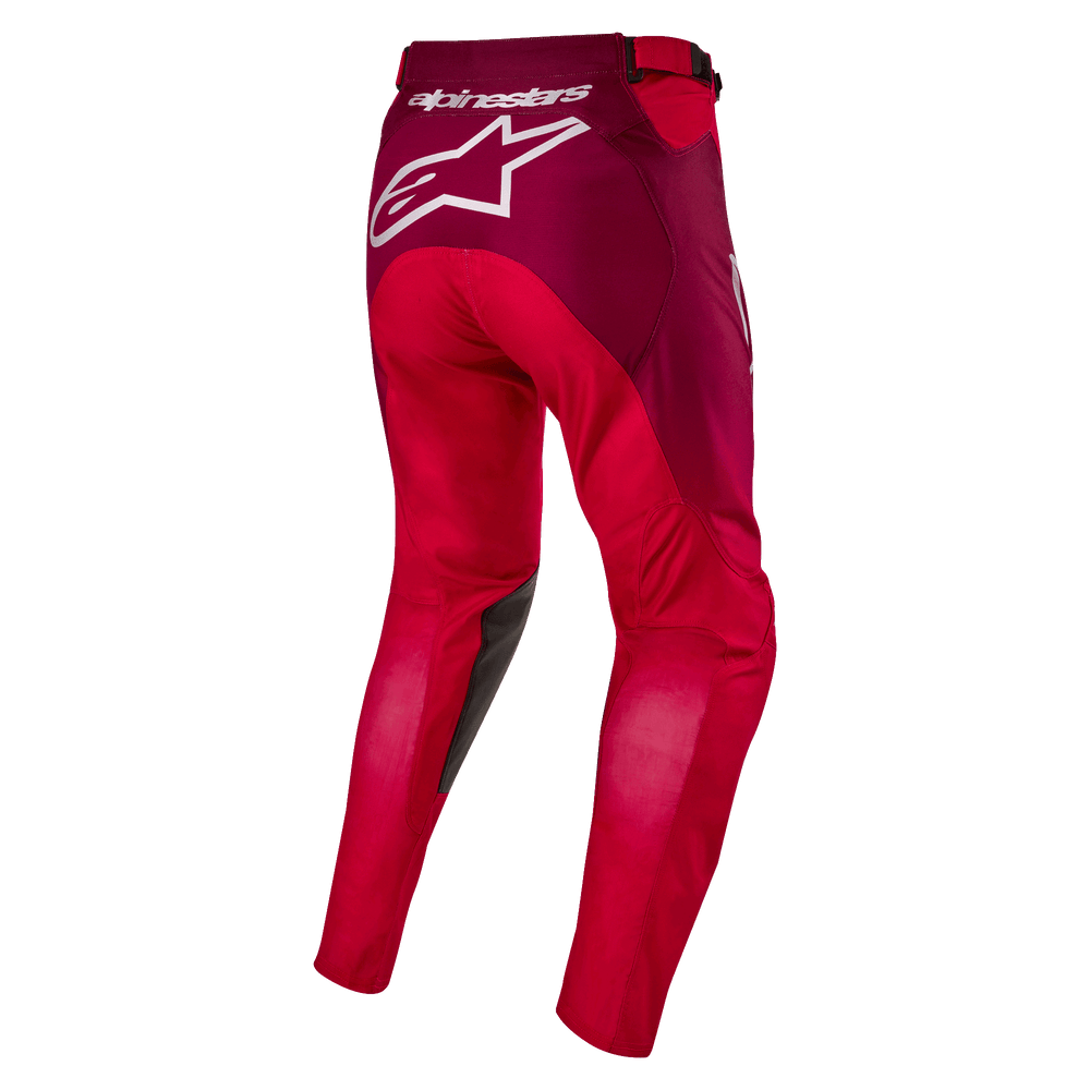 Alpinestars 2024 Racer Hoen Pants, Motocross Pants, Mars Red and Burgundy, rear view showing large white Alpinestars logo on the seat, ergonomic pre-curved leg construction, durable textile material for off-road racing