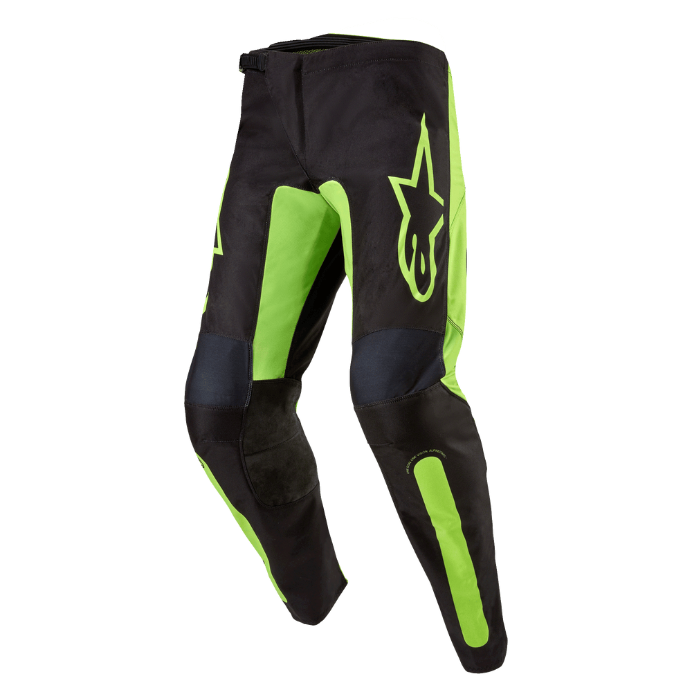 Alpinestars 2024 Fluid Lurv Motocross Pants, Black and Yellow Fluo, pre-curved poly-fabric design for off-road riding.