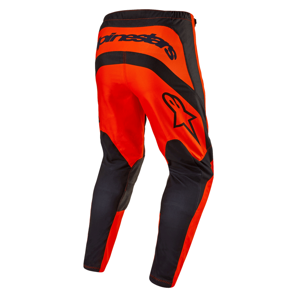 Alpinestars 2024 Fluid Lurv Motocross Pants, Hot Orange and Black, Men's off-road gear showing rear logo and pre-curved legs.