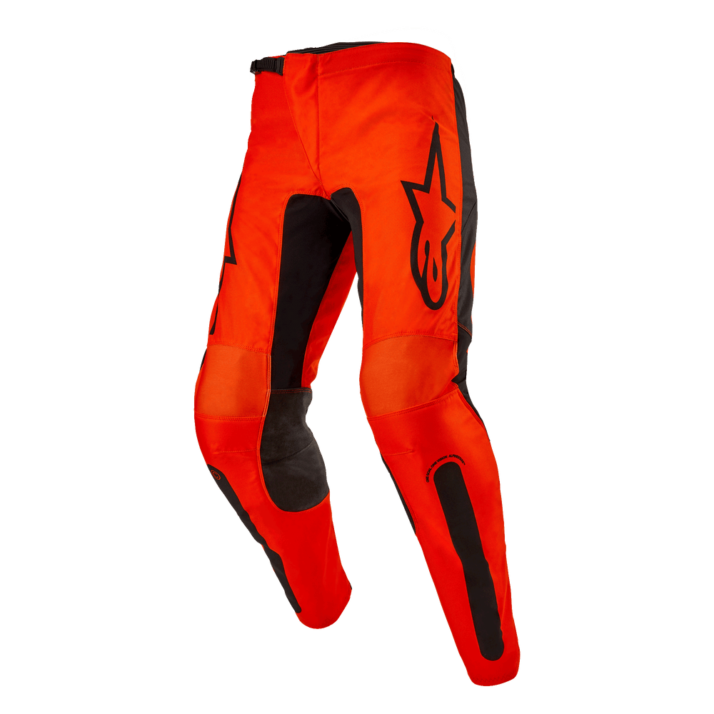Alpinestars 2024 Fluid Lurv Motocross Pants in Hot Orange and Black, featuring a pre-curved design for off-road performance.