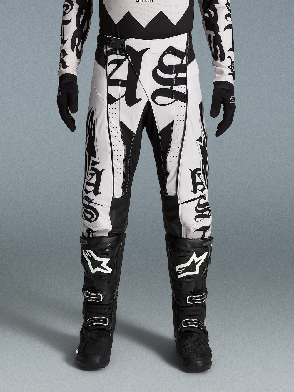 Alpinestars Limited Edition Techstar Wolf Dust Pants and Gear Set, black and white motocross gear for off-road performance.