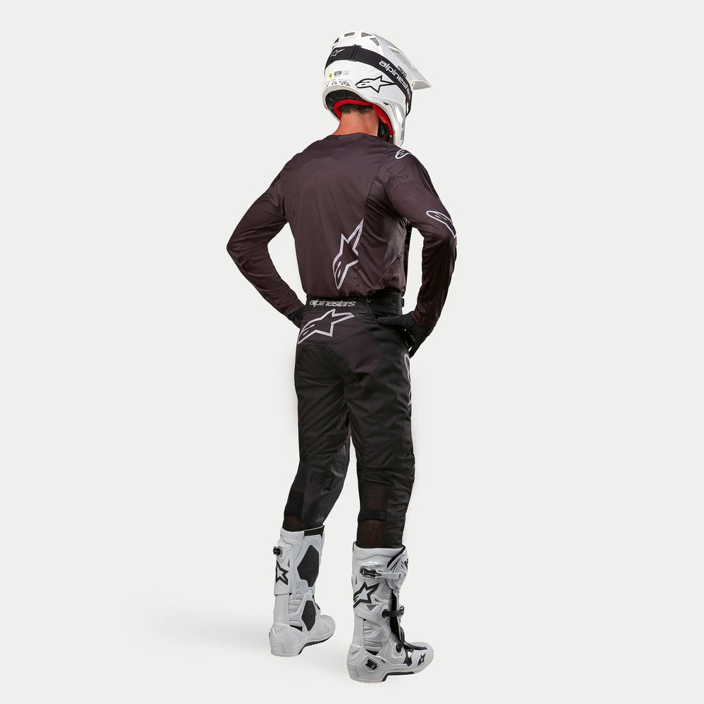 Alpinestars 2024 Racer Graphite Jersey, Men's Motocross Gear, Black and White, lightweight technical jersey shown from back.