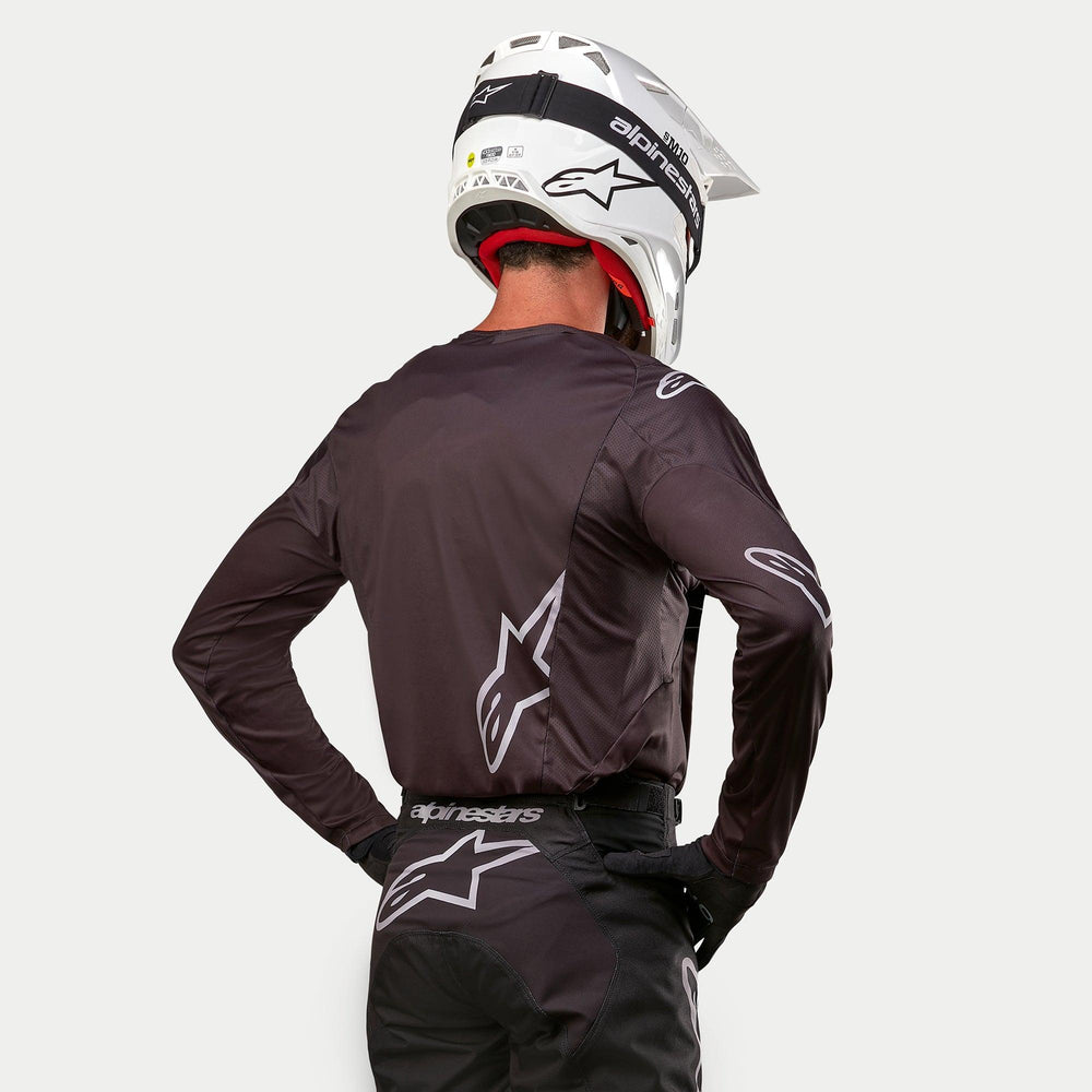 Alpinestars Racer Graphite Jersey, men's black motocross top featuring a lightweight, breathable rear design.