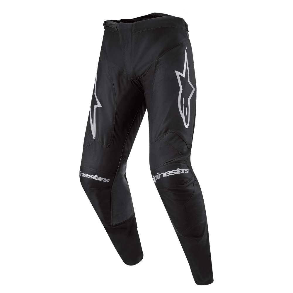 Alpinestars 2024 Racer Graphite Pants, Men's Motocross Gear, Black with white logos, pre-curved ergonomic leg construction.
