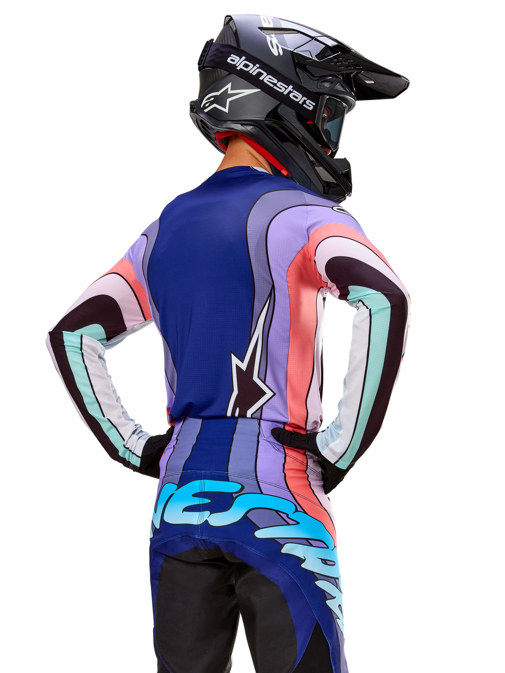 Alpinestars Techstar Imperial LE Jersey, purple and blue motocross gear, rear view of rider in vibrant limited edition style.