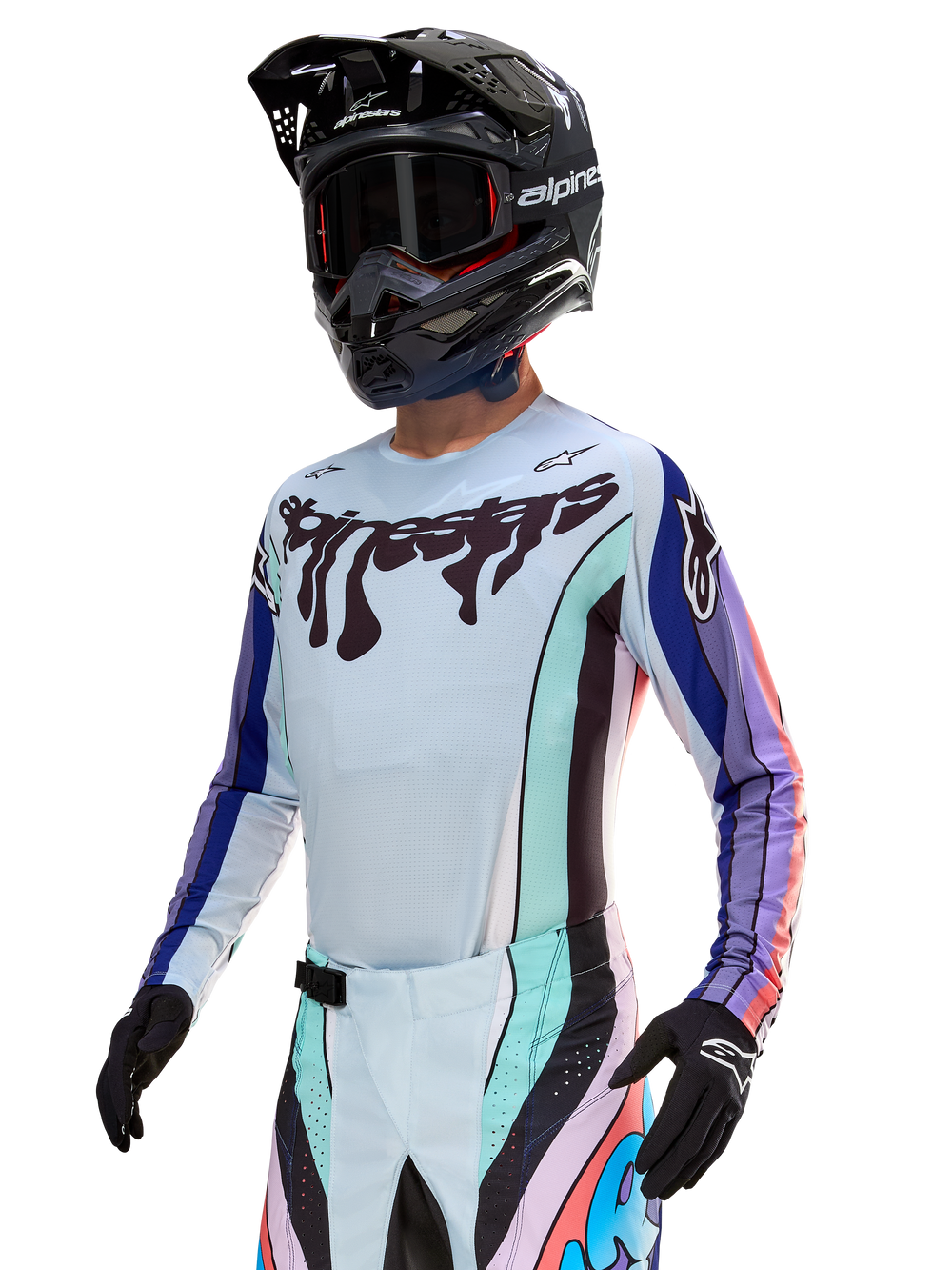 Alpinestars Techstar Imperial LE Jersey, Motocross Racing Jersey, Purple and Blue, with breathable mesh panels.