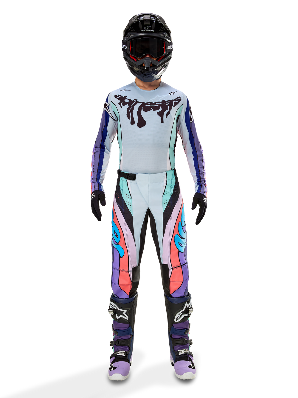 Alpinestars Techstar Imperial LE Jersey and Gear Set, Men's Motocross Racing Outfit, Purple and Blue, lightweight athletic jersey with matching pants and off-road boots.