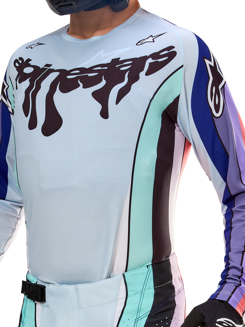 Alpinestars Techstar Imperial LE Jersey, light blue and purple motocross jersey with breathable mesh construction.