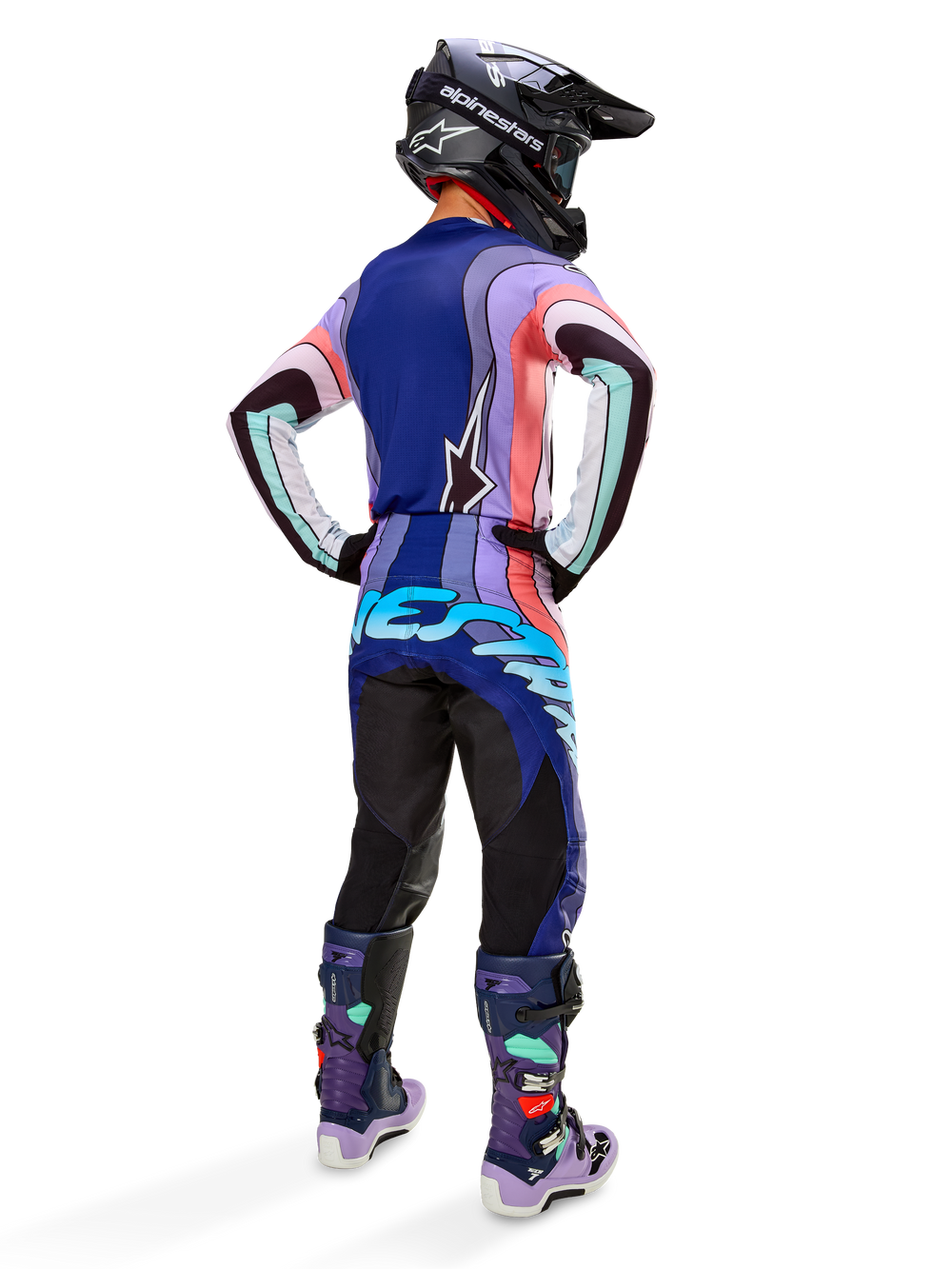 Alpinestars Techstar Imperial LE Jersey AND Pants AND Tech 7 Boots, Men's Purple and Blue Motocross Gear Set, rear view.