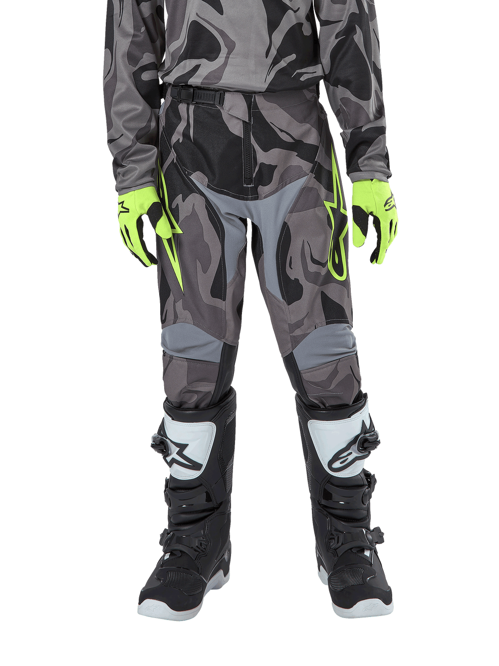 Alpinestars Youth 2024 Racer Tactical Pants, Off-Road Motocross, Youth, Gray Camo, 600D poly-fabric, stretch panels.
