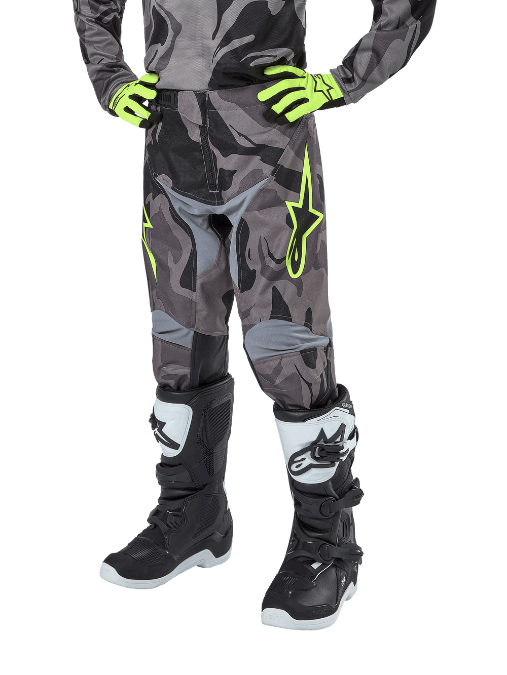Alpinestars Youth 2024 Racer Tactical Pants in Gray Camo with Neon Yellow accents, durable motocross gear for off-road racing.