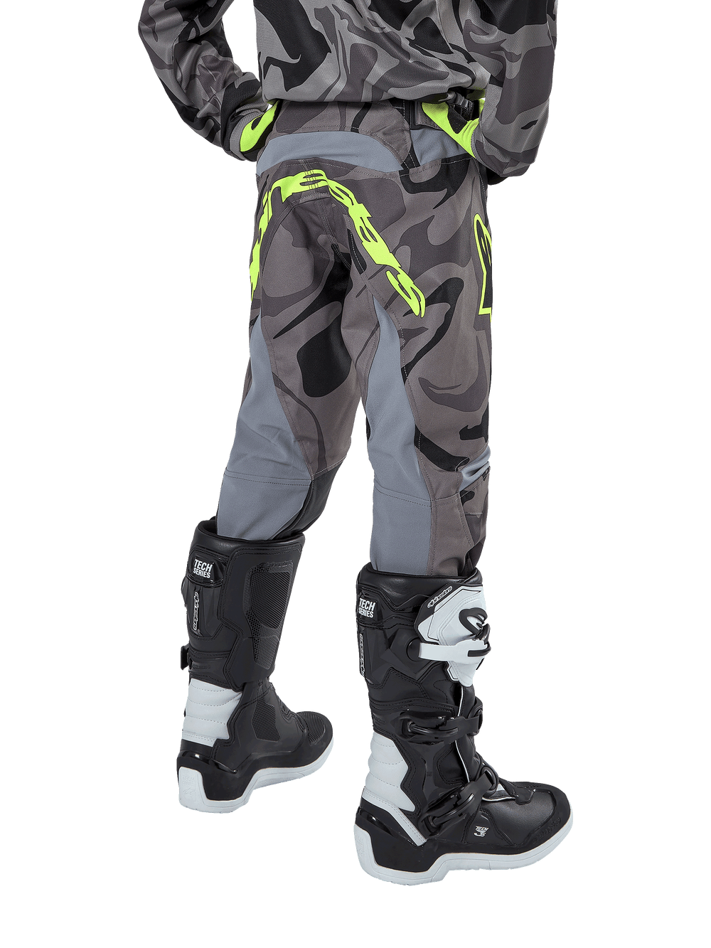 Alpinestars Youth 2024 Racer Tactical Pants in Gray Camo and Neon Yellow, durable youth motocross pants for off-road racing.