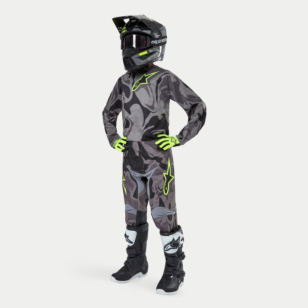 Alpinestars Youth 2024 Racer Tactical Pants and Jersey, Motocross gear in gray camo and black with neon yellow accents.