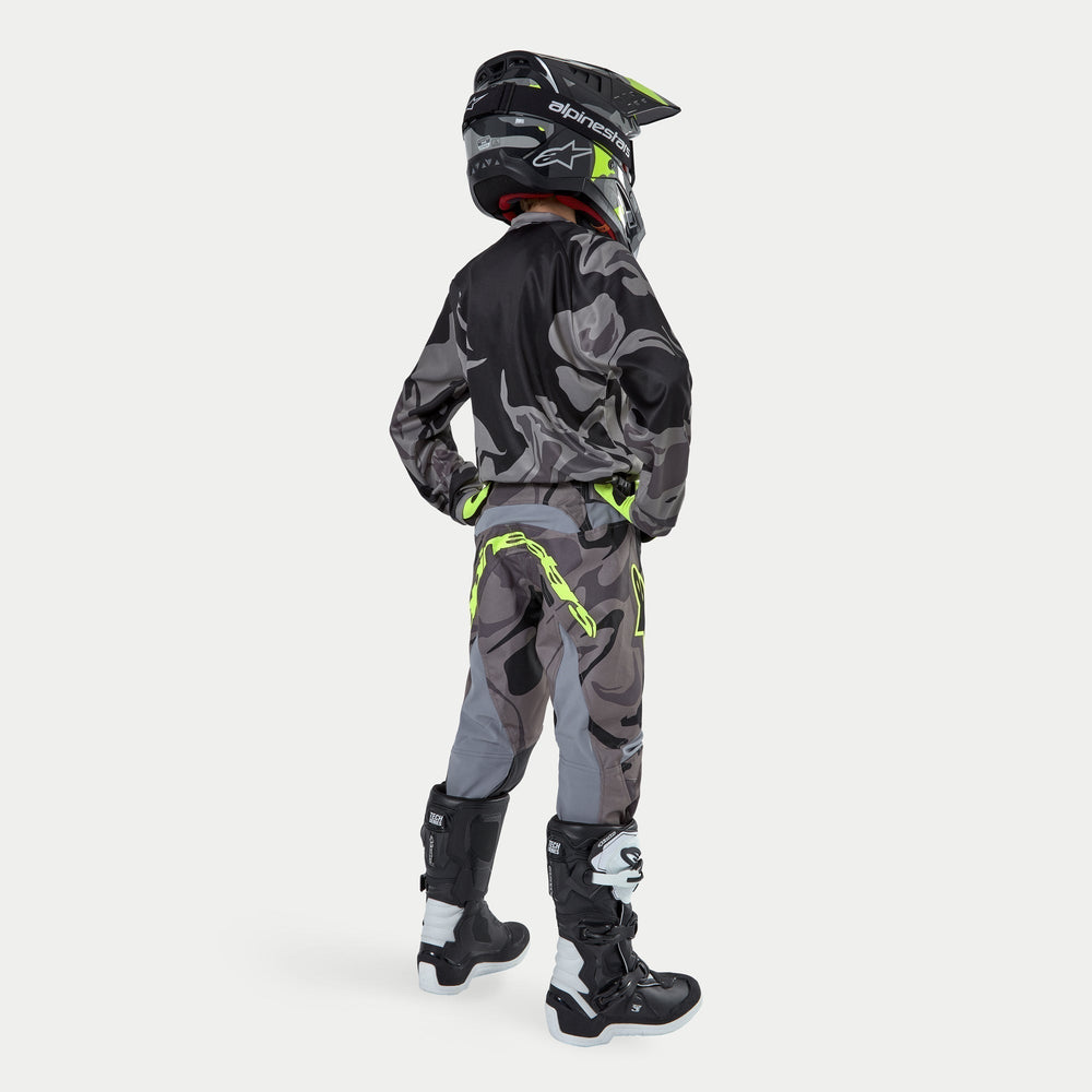 Alpinestars Youth 2024 Racer Tactical Pants, Motocross Racing, Gray and Black Camo, durable poly-fabric with yellow accents.