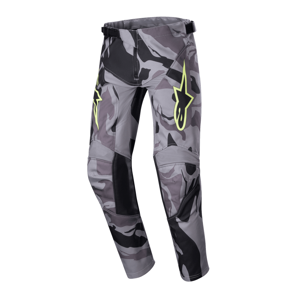Alpinestars Youth 2024 Racer Tactical Pants, Gray Camo and Fluorescent Yellow motocross gear with a pre-curved leg design.