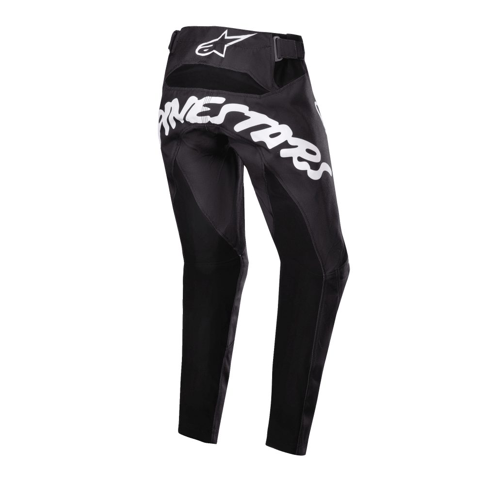 Alpinestars Youth 2024 Racer Hana Pants, black and white youth motocross pants with large rear branding for off-road racing.