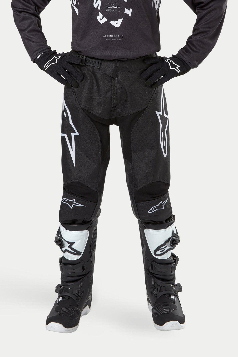 Alpinestars Youth 2024 Racer Hana Pants, Black and White Motocross Pants with large star logos for off-road racing.