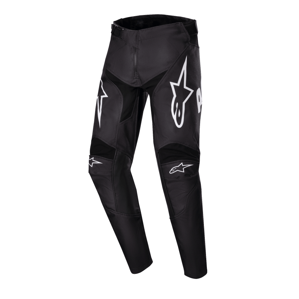 Alpinestars Youth 2024 Racer Hana Pants, Black and White Motocross Pants featuring pre-curved ergonomic legs.