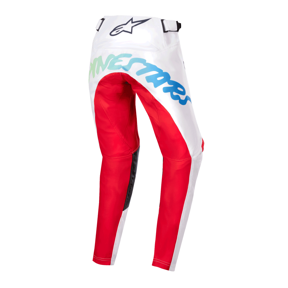 Alpinestars Youth 2024 Racer Hana Motocross Pants, White and Red with multicolor graphics, durable off-road racing gear.