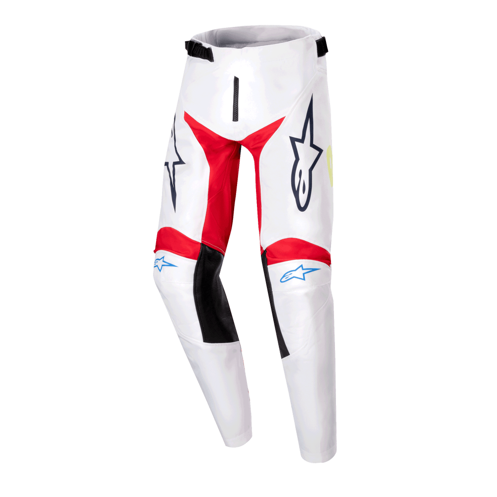 Alpinestars Youth 2024 Racer Hana Motocross Pants, White and Red, durable poly-fabric with pre-curved legs and leather knees.