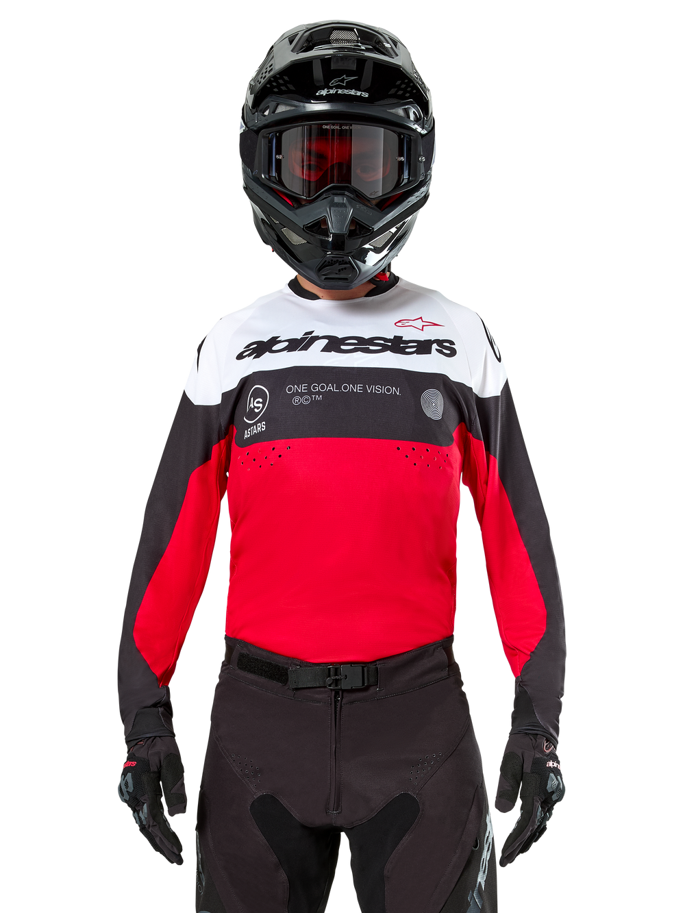 Alpinestars Pro-Dura Jersey, Motocross Jersey, Black Bright Red and White, worn with black helmet and goggles, sporty design with bold Alpinestars branding and laser perforations, performance enduro and off-road racing gear