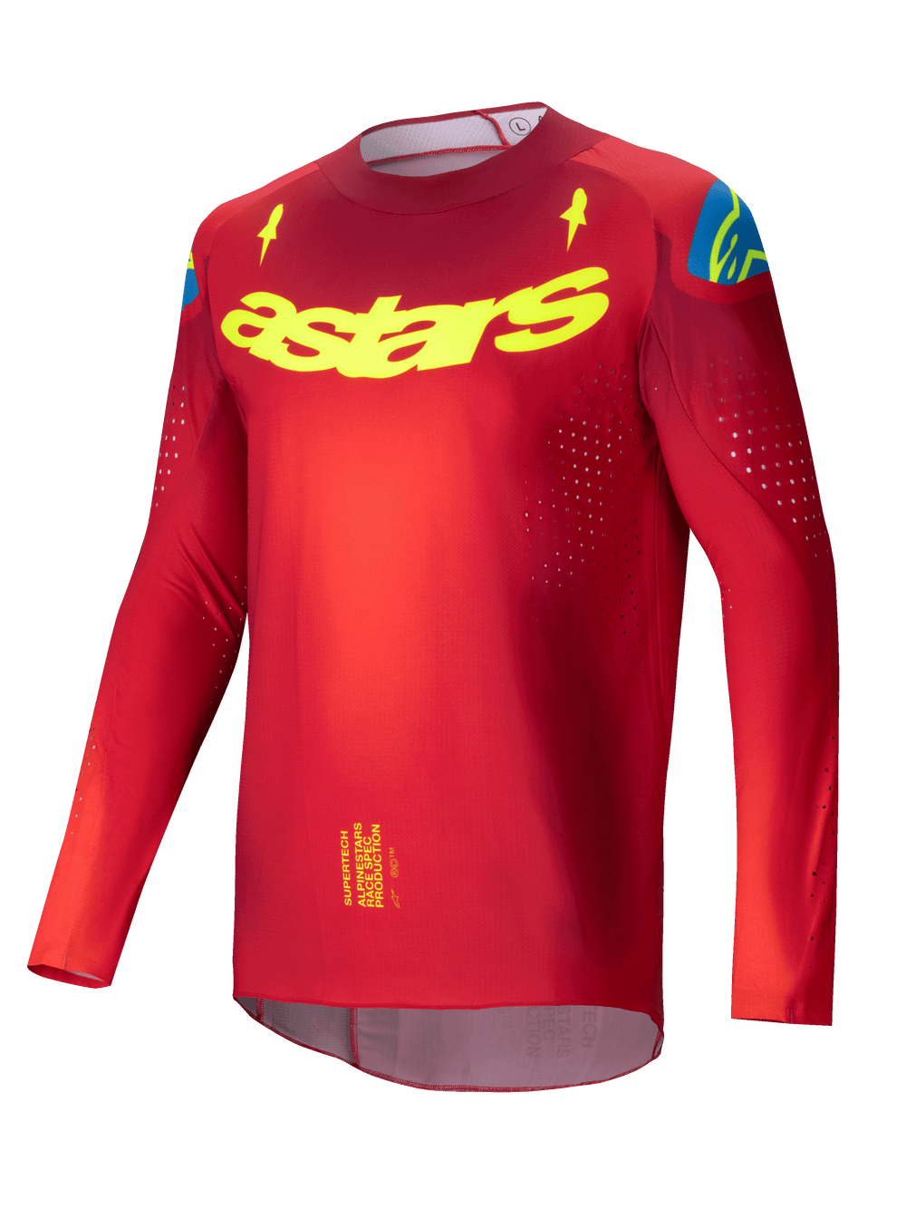Alpinestars 2025 Supertech Maker Jersey, Pro Level Motocross Jersey for Men in Bright Red and Yellow Fluo, lightweight stretch mesh with laser-cut ventilation perforations