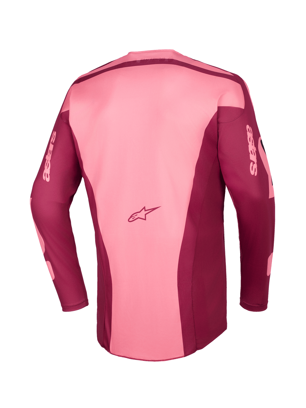 Alpinestars 2026 Racer Riway Jersey, Motocross Jersey, Dark Red Coral, back view showing multi-panel construction, Astars logo on lower back, and astars branding on long sleeves, performance off-road gear