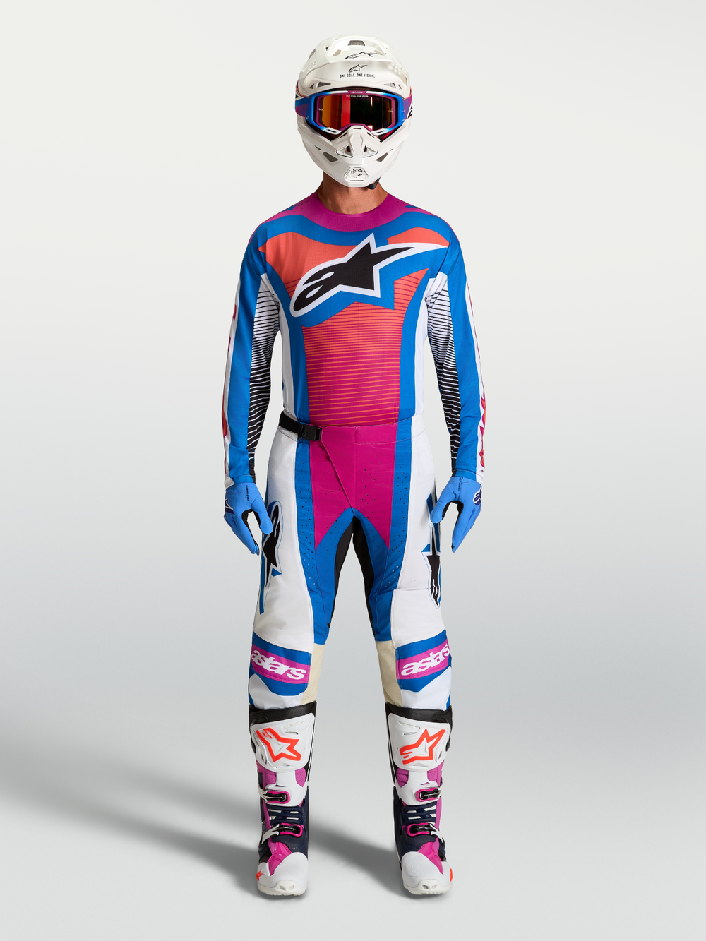 Alpinestars Techstar Maven Jersey AND Gear Set, blue and pink motocross racing outfit with an ergonomic athletic race fit.